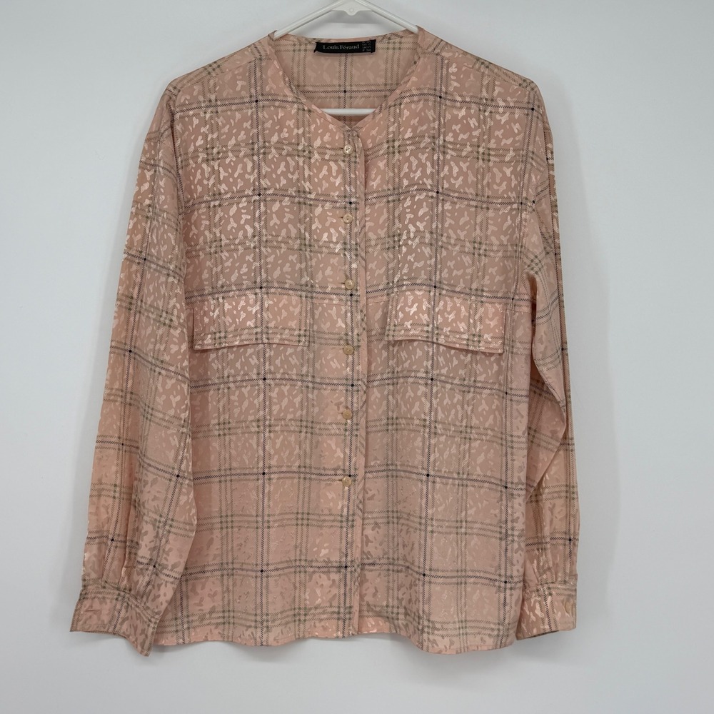Louis Feraud‎ Vintage Pink Plaid Jacquard Button Up Blouse Top US 6 UK 10